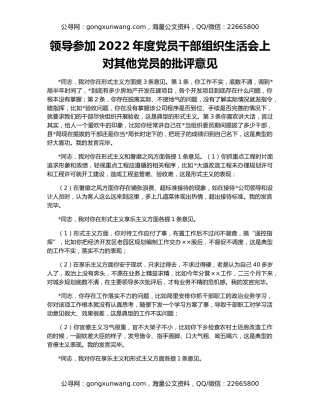 领导参加2022年度党员干部组织生活会上对其他党员的批评意见