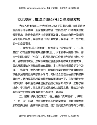 交流发言：推动全镇经济社会高质量发展