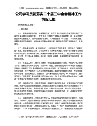 公司学习贯彻落实二十届三中全会精神工作情况汇报