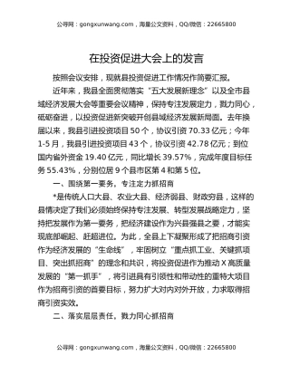 在投资促进大会上的发言