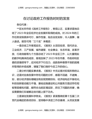 在讨论政府工作报告时时的发言