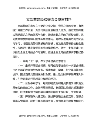 支部共建经验交流会发言材料