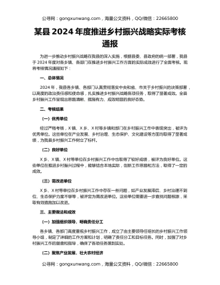 某县2024年度推进乡村振兴战略实际考核通报