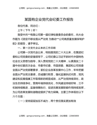 某国有企业党代会纪委工作报告