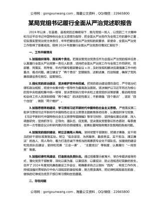 某局党组书记履行全面从严治党述职报告