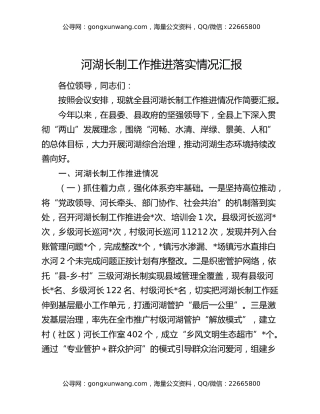 河湖长制工作推进落实情况汇报