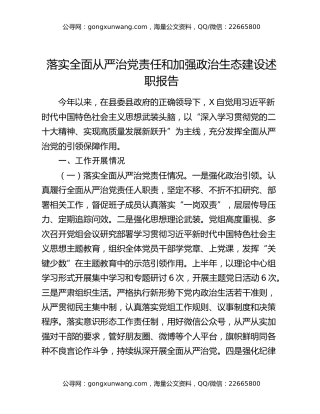 落实全面从严治党责任和加强政治生态建设述职报告