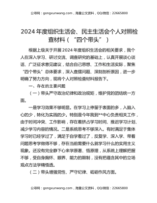 2024年度组织生活会、民主生活会个人对照检查材料（“四个带头”）