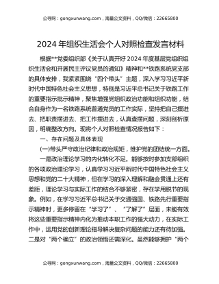 2024年组织生活会个人对照检查发言材料