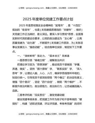 2025年度单位党建工作要点计划