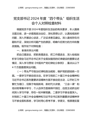 党支部书记2024年度“四个带头”组织生活会个人对照检查材料