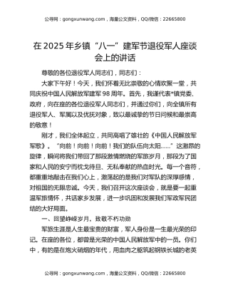在2025年乡镇“八一”建军节退役军人座谈会上的讲话