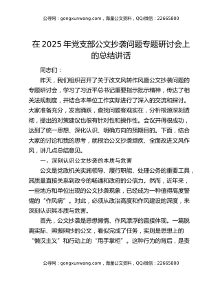 在2025年党支部公文抄袭问题专题研讨会上的总结讲话