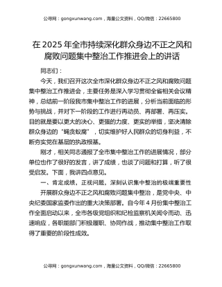在2025年全市持续深化群众身边不正之风和腐败问题集中整治工作推进会上的讲话