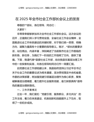 在2025年全市社会工作部长会议上的发言