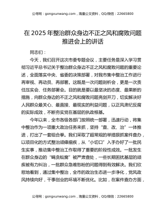 在2025年整治群众身边不正之风和腐败问题推进会上的讲话