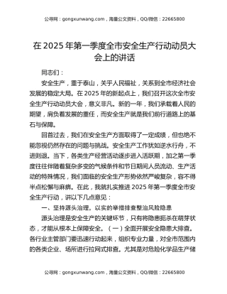 在2025年第一季度全市安全生产行动动员大会上的讲话