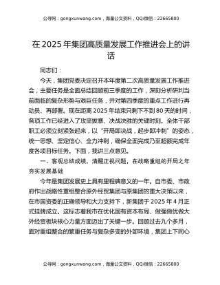 在2025年集团高质量发展工作推进会上的讲话