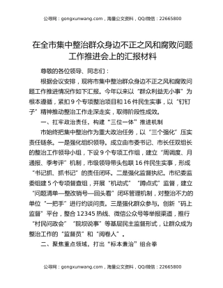 在全市集中整治群众身边不正之风和腐败问题工作推进会上的汇报材料