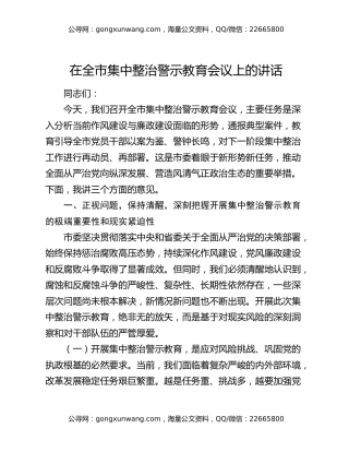 在全市集中整治警示教育会议上的讲话