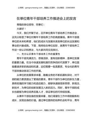 在单位青年干部培养工作推进会上的发言