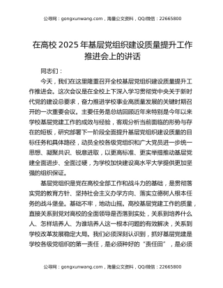 在高校2025年基层党组织建设质量提升工作推进会上的讲话