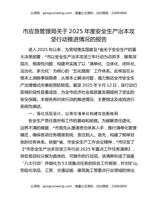 市应急管理局关于2025年度安全生产治本攻坚行动推进情况的报告