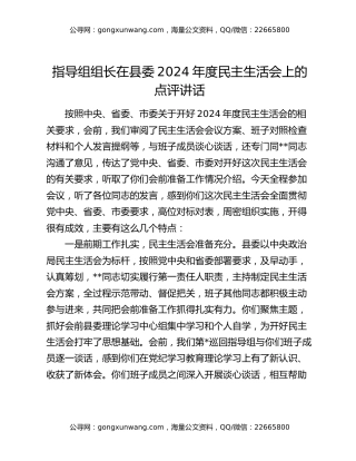 指导组组长在县委2024年度民主生活会上的点评讲话