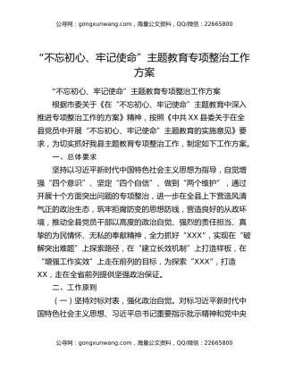 “不忘初心、牢记使命”主题教育专项整治工作方案