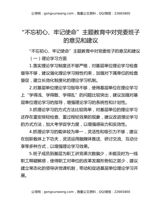 “不忘初心、牢记使命”主题教育中对党委班子的意见和建议