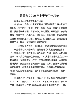 县委办2019年上半年工作总结​