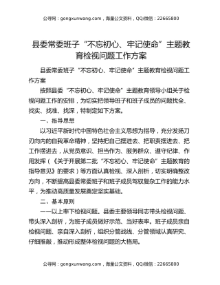 县委常委班子“不忘初心、牢记使命”主题教育检视问题工作方案