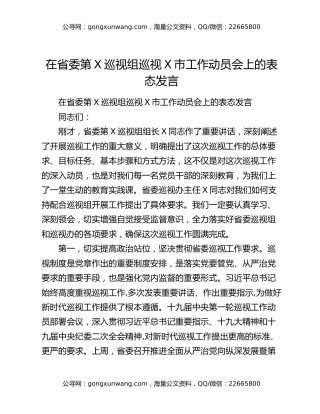 在省委第X巡视组巡视X市工作动员会上的表态发言