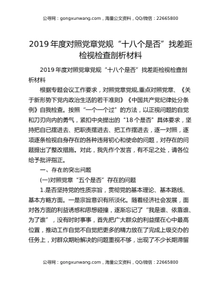 2019年度对照党章党规“十八个是否”找差距检视检查剖析材料