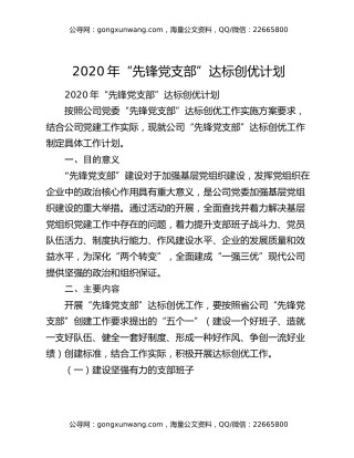 2020年“先锋党支部”达标创优计划