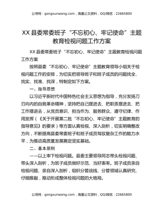 XX县委常委班子“不忘初心、牢记使命”主题教育检视问题工作方案