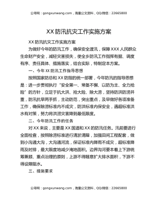 XX防汛抗灾工作实施方案