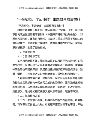 “不忘初心、牢记使命”主题教育发言材料（2）
