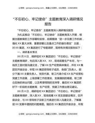 “不忘初心、牢记使命”主题教育深入调研情况报告