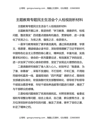 主题教育专题民主生活会个人检视剖析材料