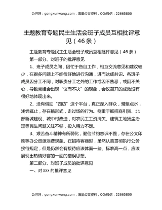 主题教育专题民主生活会班子成员互相批评意见（46条）