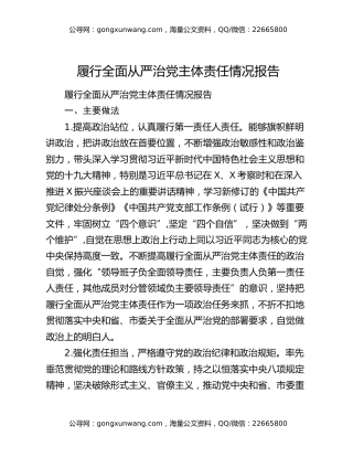 履行全面从严治党主体责任情况报告