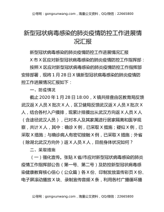 新型冠状病毒感染的肺炎疫情防控工作进展情况汇报