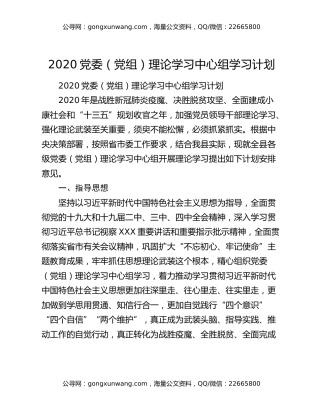 2020党委（党组）理论学习中心组学习计划