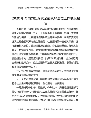 2020年X局党组落实全面从严治党工作情况报告