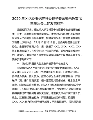 2020年X纪委书记在县委班子专题警示教育民主生活会上的发言材料