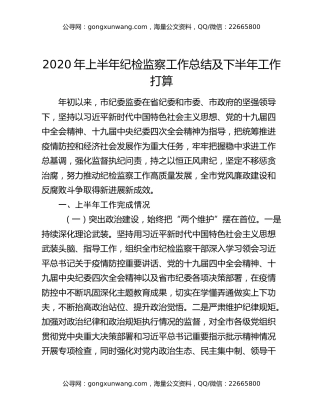 2020年上半年纪检监察工作总结及下半年工作打算