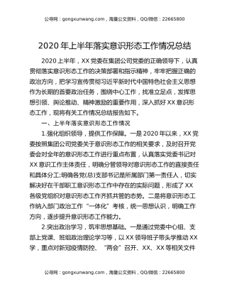 2020年上半年落实意识形态工作情况总结