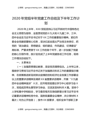 2020年党组半年党建工作总结及下半年工作计划