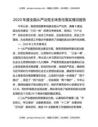2020年度全面从严治党主体责任落实情况报告